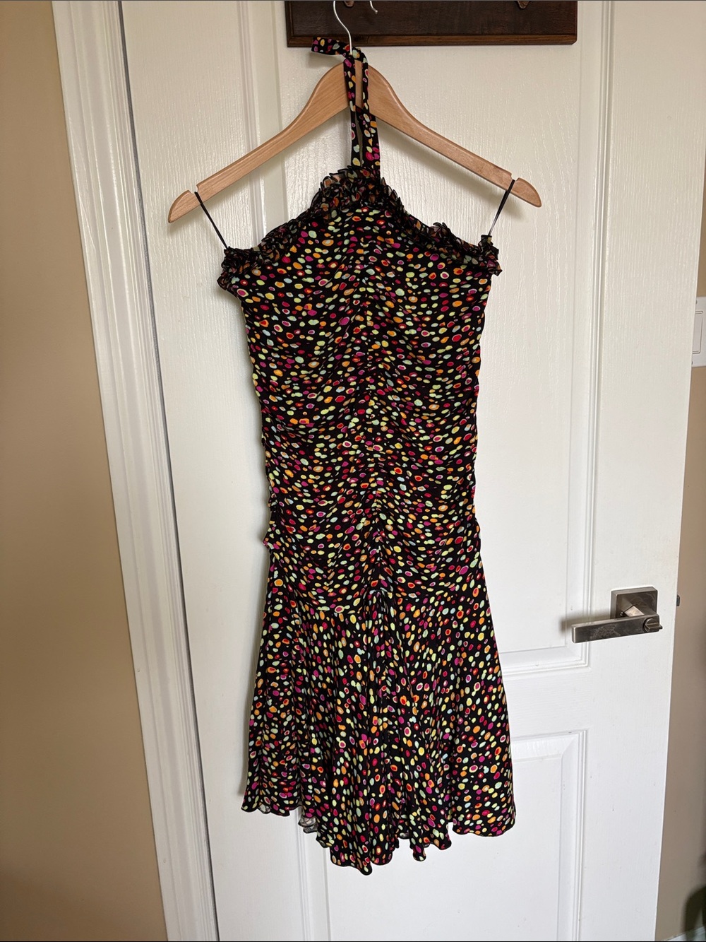 One-Shoulder Ruffle Fit-and-Flare Dress in Black with Multicolor Dot Print